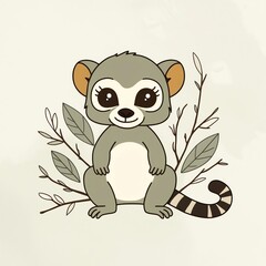 Fototapeta premium Adorable Lemur Illustration: A Cute Cartoon Lemur Sitting Amongst Branches and Leaves