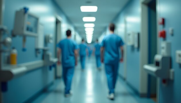 A blurry image of medical personnel walking down a hospital corridor