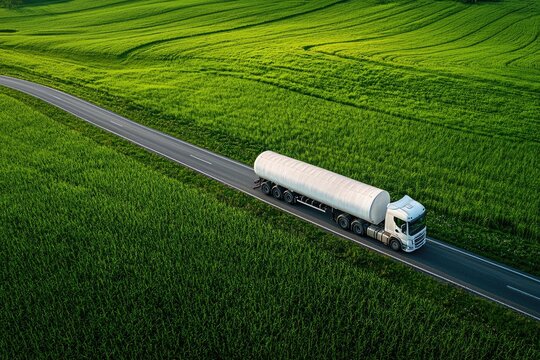 Aerial view of a white tanker truck traversing a rural road amidst vibrant green fields.