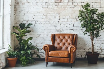 Modern room with leather chair and plants