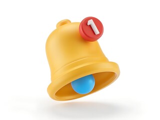 3D Notification Bell Icon with Alert Badge for App Interfaces, Reminders, Messaging Systems, and User Interaction Design