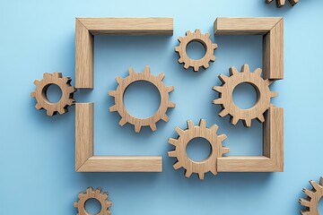 Wooden gears inside a square frame on a blue background, symbolizing the concepts of teamwork, structure, and mechanism