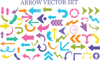 Colorful arrow vector doodle set featuring bold, playful, curved, and abstract arrows. Perfect for infographics, presentations, web design, social media graphics, marketing, icons, UI elements