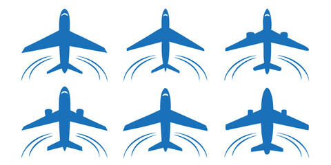 Blue airplane silhouettes in different styles demonstrating air travel and transportation