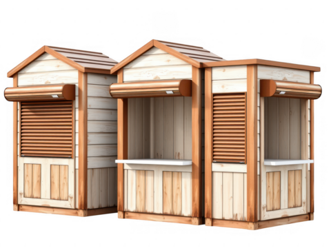 Three wooden kiosks with roll up shutters isolated on transparent background
