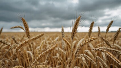 Fototapeta premium A close up view of a wheat field with a cloudy sky in the background on a sunny day in the countryside
