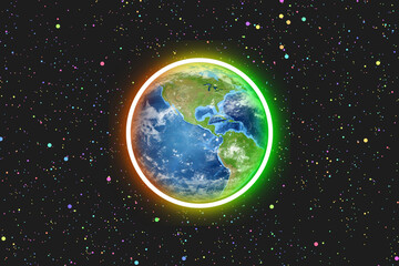 World Day, World Environment Day, world with green and red neon ring in the universe with stars. Earth protection and Earth health.  Save Earth Design, Glowing Planet, planet protection, universe