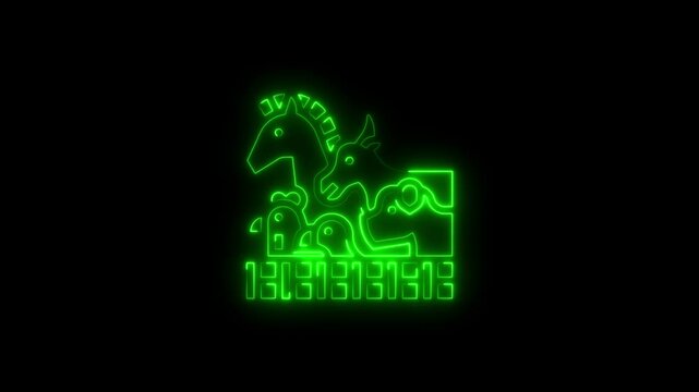 Glowing green outline of animals and numerical patterns against black background