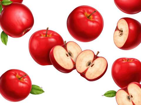 Realistic red apples falling isolated on transparent background