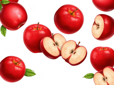 Realistic red apples falling isolated on transparent background