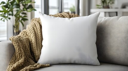 White Square Pillow Mockup on Sofa: A pristine white square pillow rests on a grey sofa, accompanied by a cozy mustard-yellow knitted throw, perfect for showcasing your design or branding.