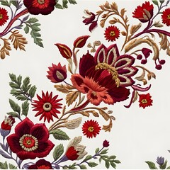 Baroque floral embroidery in Mughal art style, vibrant red threads, ethnic hand-stitched flower and leaf patterns on white background, vintage textile design,Generative Ai
