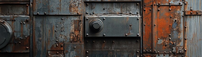 Fototapeta premium A weathered metal surface with a circular detail and a rectangular panel