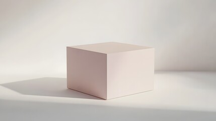Minimalist Cube on a Bright Surface: A pristine, pale pink cube stands as a solitary, geometric form against a clean, illuminated background, casting a soft shadow