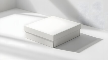 Presentation Box: This minimalist image shows a square white box, its form highlighted by subtle shadows, showcasing a simple yet sophisticated design.