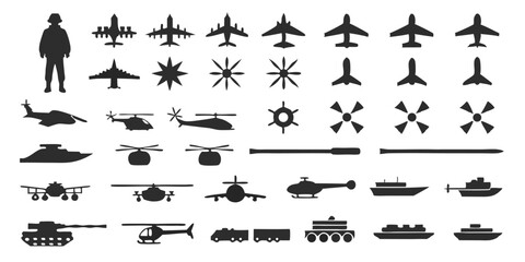 Silhouette icons of military vehicles airplanes helicopters and soldier in eps 10 format © Muhammad
