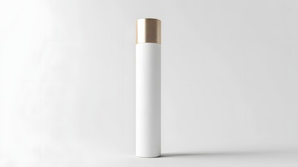 Elegant Cylindrical Bottle: A minimalist studio shot of a sleek, white cylindrical bottle with a lustrous metallic cap, embodying sophistication and simplicity.