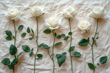 White roses lying on crumpled beige wrapping paper