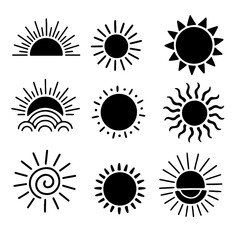 Boho abstract sun icons set, flat vector style on white