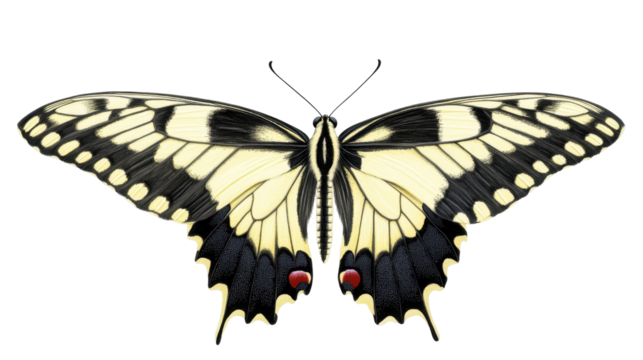 Realistic Detailed Illustration of a Vibrant Butterfly with Black and Yellow Wings on Transparent Background - Powered by Adobe