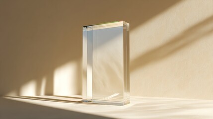Clear rectangular prism, minimalist, modern, elegant, transparent, showcasing, object, light, shadow, beige backdrop