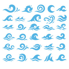 Set of blue ocean waves, abstract fluid vector icons
