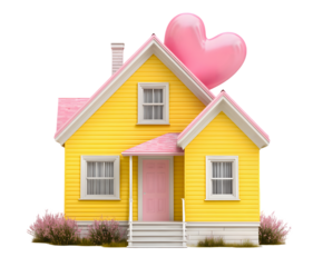 Charming Yellow House with Pink Roof and Heart Symbol