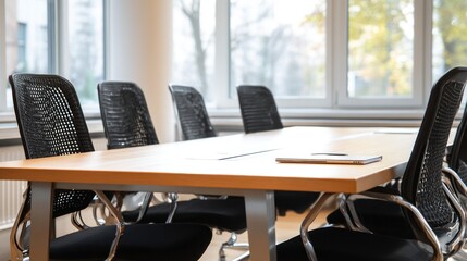 Modern meeting room with wooden table and black chairs (1)