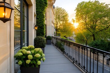 Parisian balcony overlooking a beautiful sunset during spring