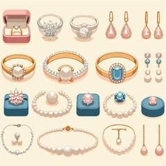 Various jewelry in vector: diamond rings, earrings, pearl necklaces, and gold bracelets.