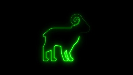 Illuminated green neon ram symbol glowing against a black background