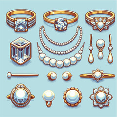 Various jewelry in vector: diamond rings, earrings, pearl necklaces, and gold bracelets.