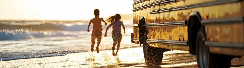 Golden-hour school bus parked near a scenic beach as joyful children dash towards the waves, leaving their shoes behind. Nostalgic coastal adventure, soft focus, cinematic realism.