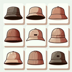 Fashion hat vector set: fedora, beanie, bucket hat, and baseball cap.