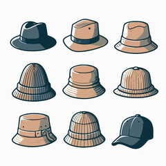 Fashion hat vector set: fedora, beanie, bucket hat, and baseball cap.