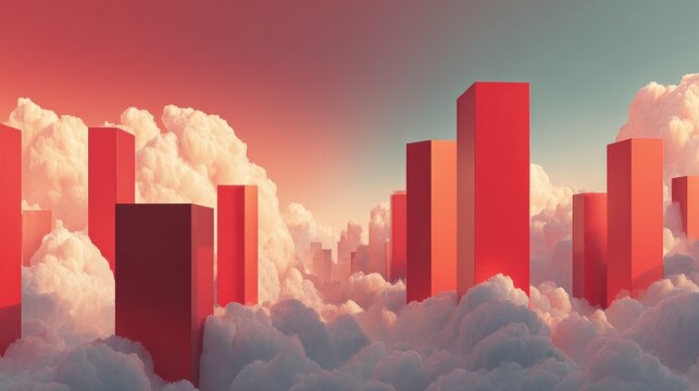 City of clouds, abstract skyscrapers in soft sunset light