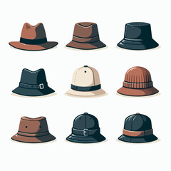Fashion hat vector set: fedora, beanie, bucket hat, and baseball cap.