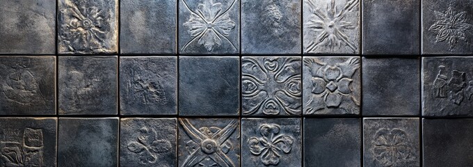A close-up of a dark tiled wall with intricate embossed designs
