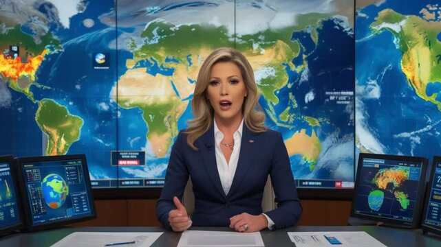 Studio portrait of female news anchor sitting at news desk with world map background, serious expression, formal attire, professional presenter, cinematic lighting &ndash; video download"