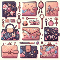 Vector of wallets and other small accessories such as card holders and fashion keys.