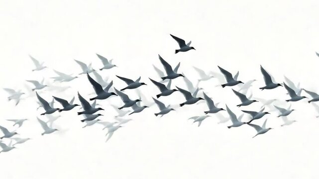 Flock of flying birds with abstract minimalist grayscale silhouettes, monochrome bird migration and simplified flight patterns in modern avian art design, video download"