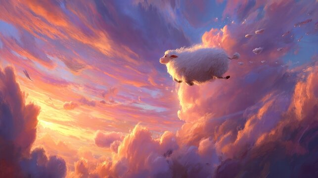 Fluffy sheep floats in a vibrant sunset sky filled with clouds - Powered by Adobe