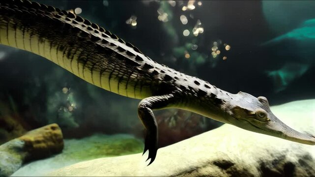 Gharial swimming in the water, showcasing its distinctive long, thin snout and scales, underwater wildlife observation.