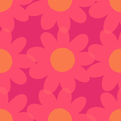 Seamless floral pattern with fuchsia-colored flowers and soft overlapping shadow effects, creating a bold and playful retro style. Perfect for fabric, wallpapers, and vibrant design projects.