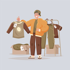 Man with clothes for sale at a thrift shop illustration in isolated background