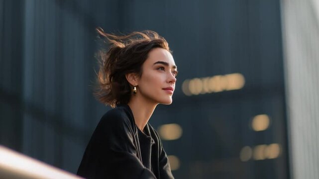 Reflective Contemplation: A pensive woman gazes into the distance, immersed in thought against a modern urban backdrop, capturing an atmosphere of introspection and serenity.