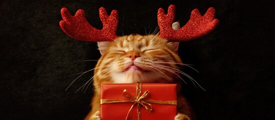 A ginger cat wearing reindeer antlers holds a red gift box with a gold ribbon