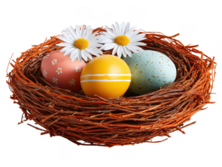 easter eggs with daisies in a nest, isolated on transparent background