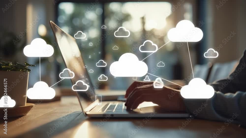 Poster cloud computing in action: a person works on a laptop, with cloud computing icons representing the e