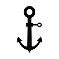Simple black silhouette of a classic anchor against a clean white background for maritime design